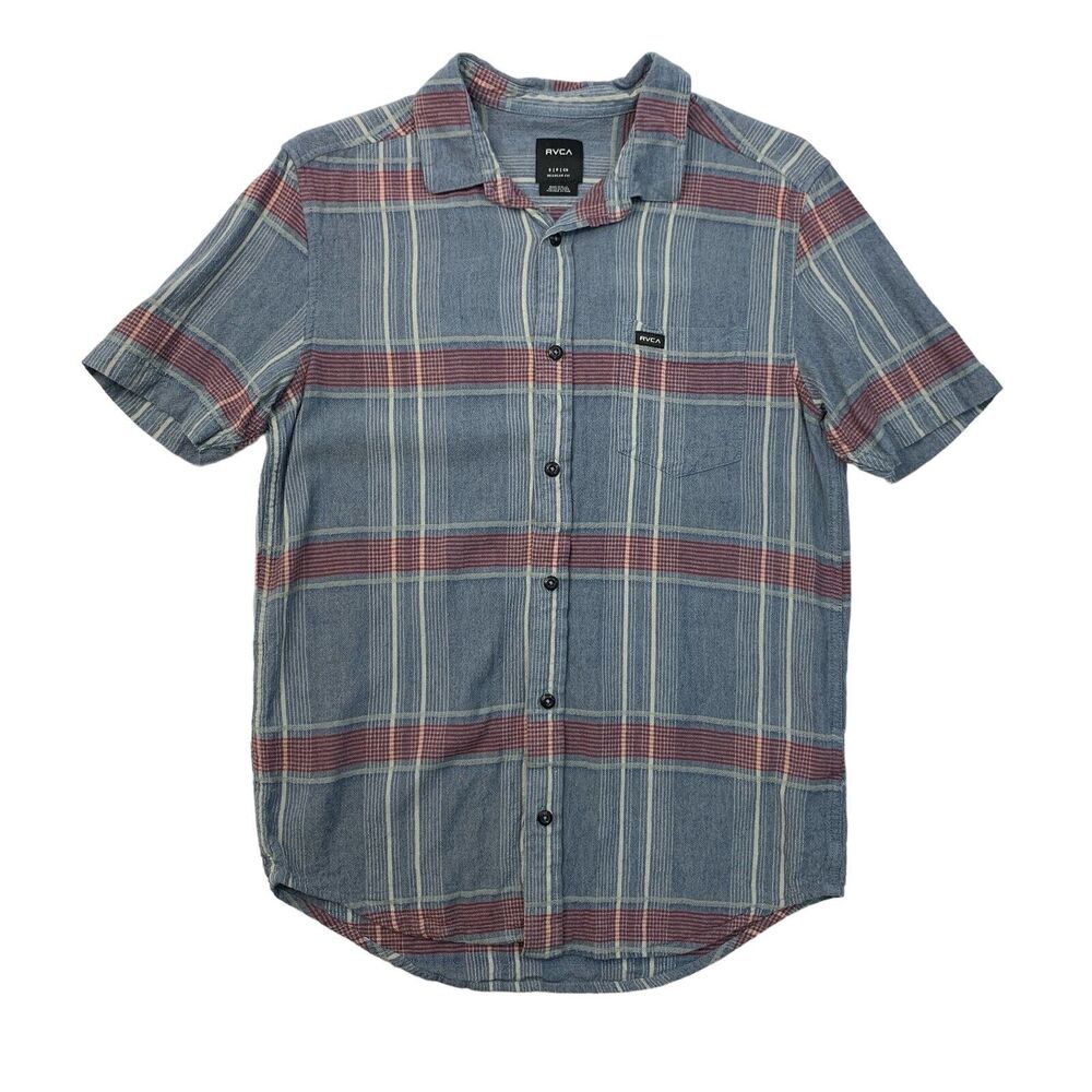 RVCA Shirt Mens Small Cadet Blue Linen Blend Pepperland Plaid Regular Fit Pocket